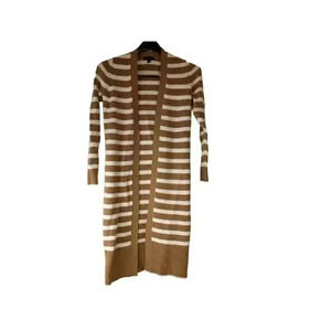 Ann Taylor Petite Striped Ribbed Long Line Open Brown/ White Cardigan XS